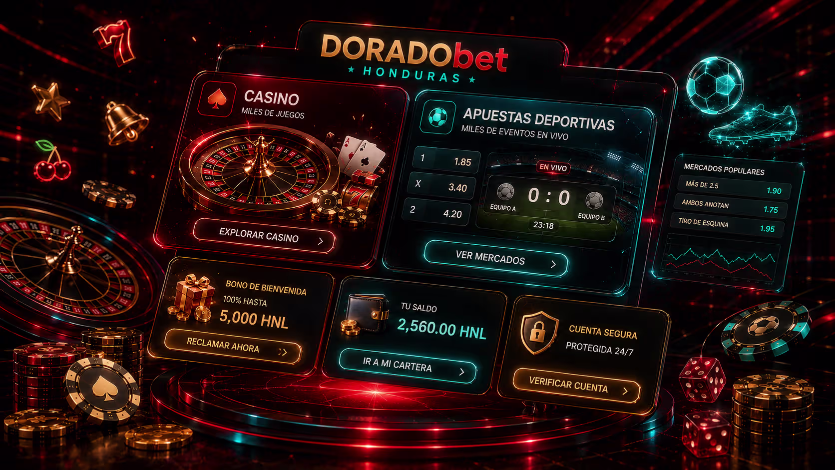 Doradobet Honduras con secciones de casino, apuestas deportivas, bono, billetera HNL y cuenta segura